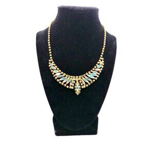 Vintage ARTISTIC signed AB Rhinestone Bib Necklace Gold Tone Mid-Century Glam